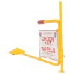 Rail Chock with "Chock Your Wheels" Sign.