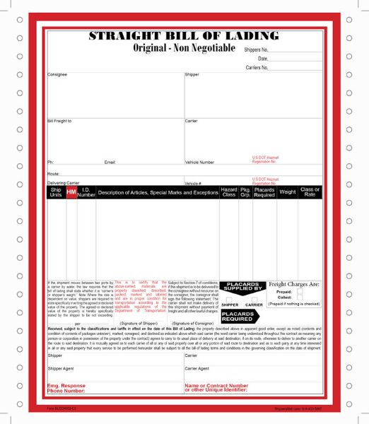 Bill of lading for hazardous materials, 3rd party freight billing, continuous format, BLCCH002