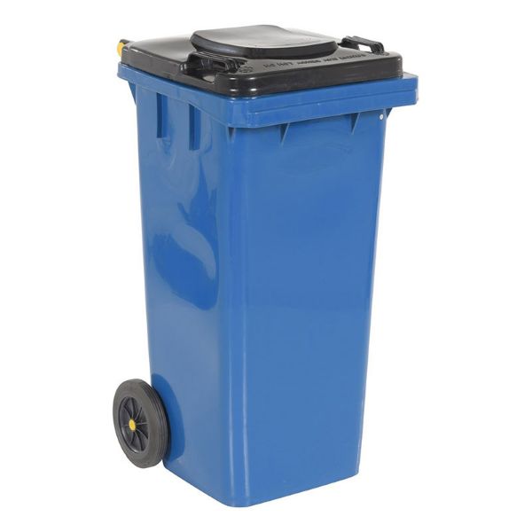 32-gallon blue HDPE trash can front view