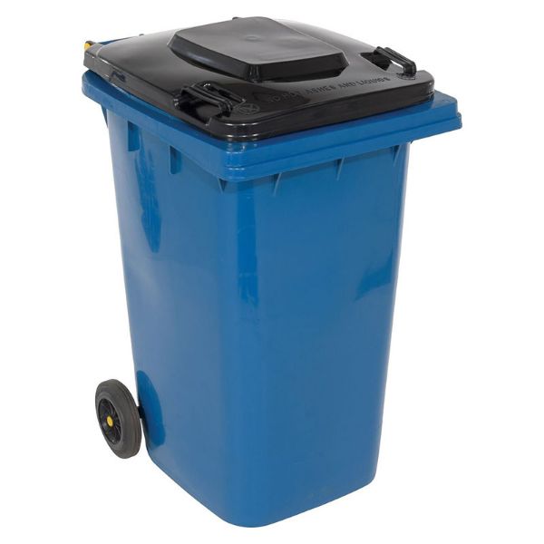 64-gallon blue HDPE trash can front view
