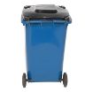 64-gallon blue HDPE trash can close-up lid