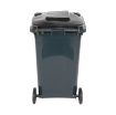 64-gallon gray HDPE trash can close-up lid