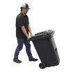 64-gallon gray HDPE trash can angled view