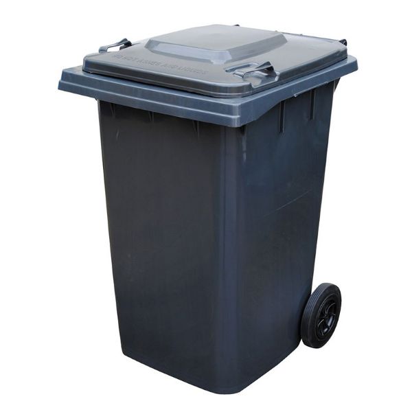 95-gallon gray HDPE trash can front view
