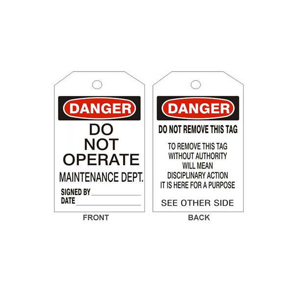 Danger Do Not Operate Maintenance Dept Tags - Back 2, Tagboard, 6.125X3