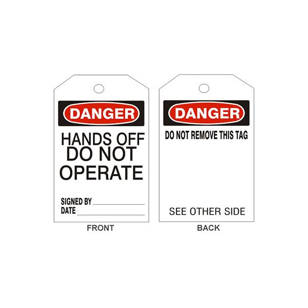 Danger Hands Off Do Not Operate Tags - Back 1, Rigid Vinyl, 6.125X3