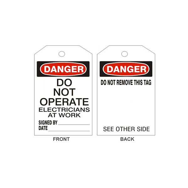 Danger Do Not Operate Electricians Tags - Back 1, Rigid Vinyl, 6.125X3