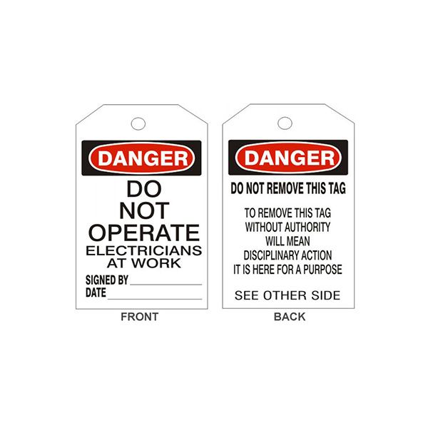 Danger Do Not Operate Electricians Tags - Back 2, Rigid Vinyl, 6.125X3