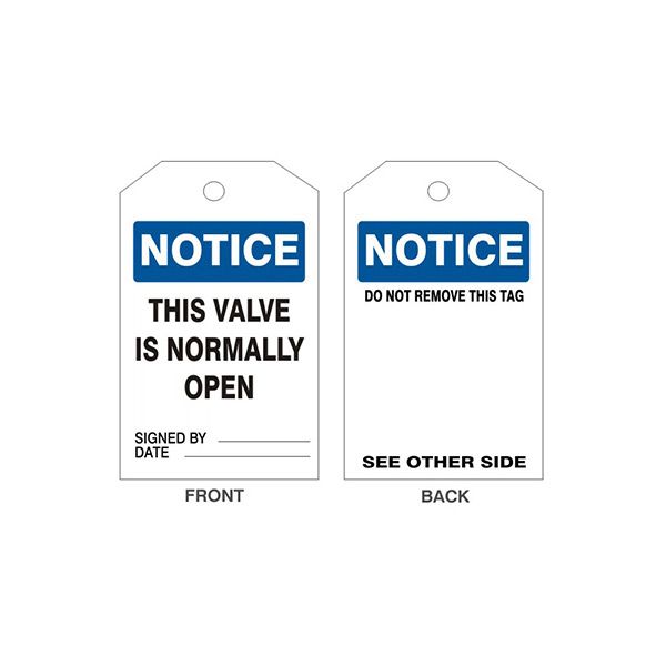 Notice This Valve Is Normally Open Tag, Tagboard, 6X3