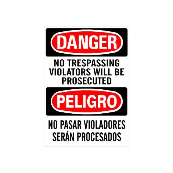 No Trespassing Violators Will Be Prosecuted Peligro No Pasar Violadores - Danger Sign sign, Adhesive Vinyl, 14X10