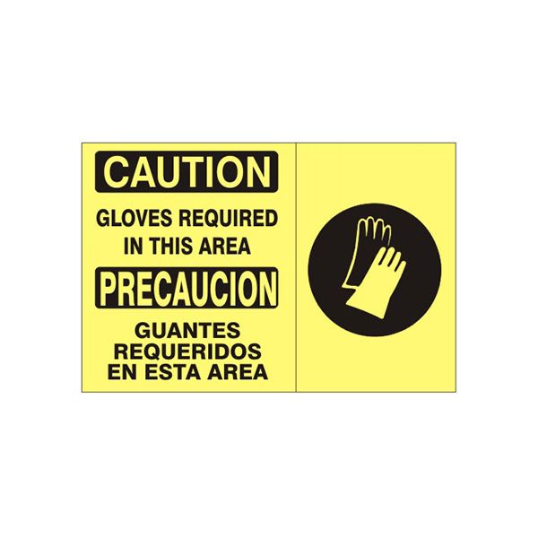 Gloves Required In This Area Precaucion Guantes Requeridos En Esta - Caution Sign sign, Adhesive Vinyl, 14X20