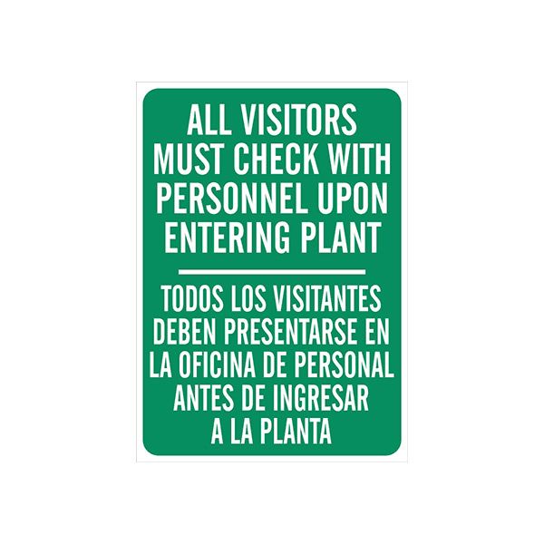 All Visitors Must Check With Personnel Upon Entering Plant Bilingual sign, Adhesive Vinyl, 14X10