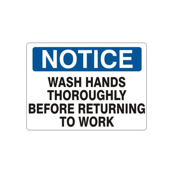 Notice: Wash Hands Thoroughly Before Returning To Work sign, Aluminum (.040), 14X20