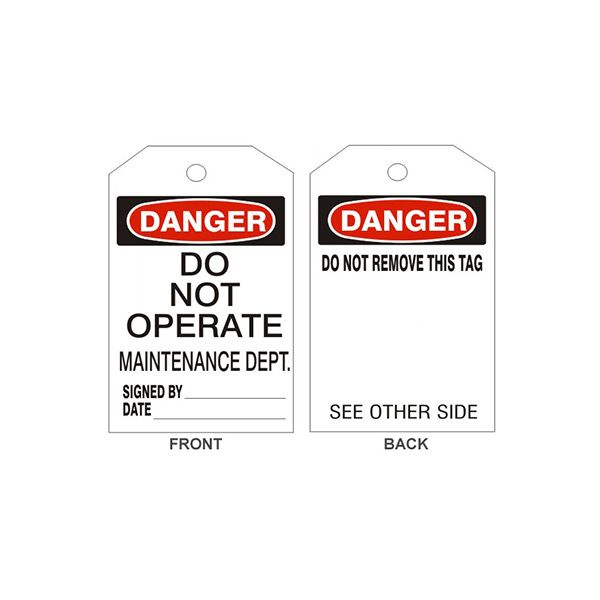 Danger Do Not Operate Maintenance Dept Tags - Back 1, Rigid Vinyl, 6.125X3