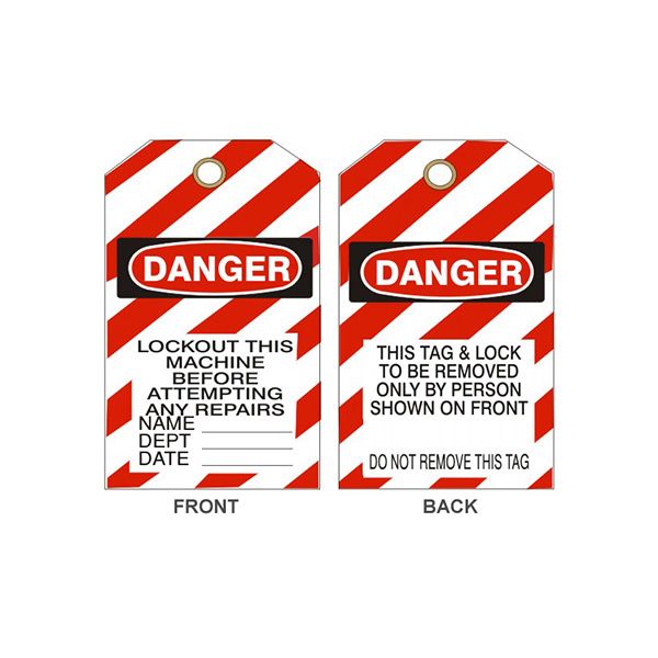 Danger Lockout This Machine Before Attempting Any Repair Tags, Rigid Vinyl, 6.125X3