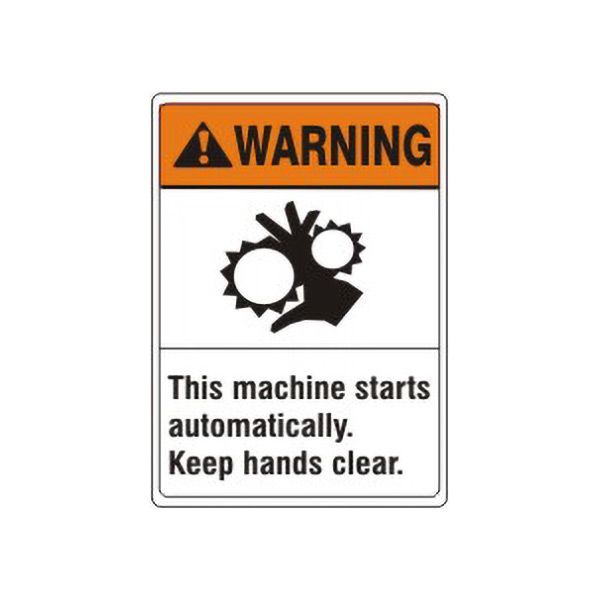 Warning: This Machine Starts Automatically. Keep Hands Clear. Hand Picto - Warning Sign sign, Adhesive Vinyl, 14X10