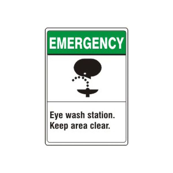 Emergency: Eye Wash Station Keep Area Clear. Head And Fountain Picto sign, Plastic (.040), 14X10