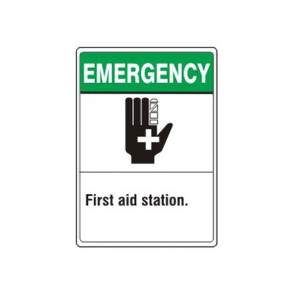 Emergency: First Aid Station. First Aid Hand Picto sign, Adhesive Vinyl, 10X7