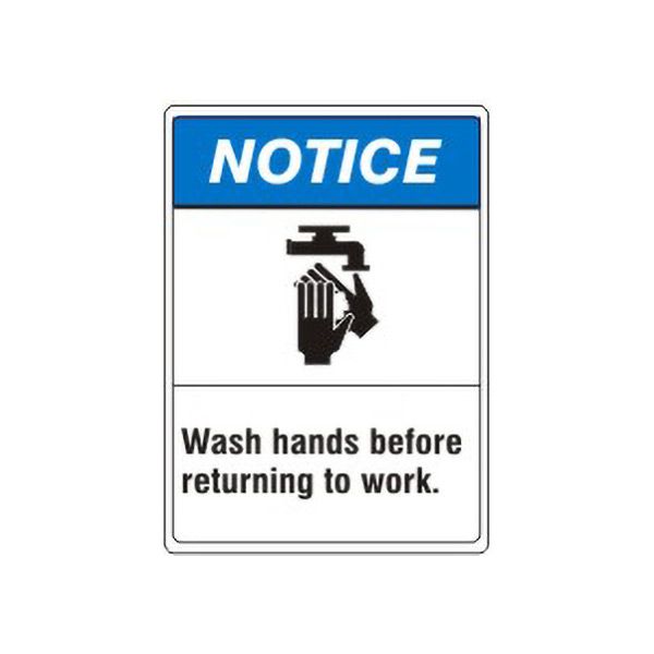 Notice: Wash Hands Before Returning To Work.  Washing Hand Picto sign, Aluminum (.040), 14X10