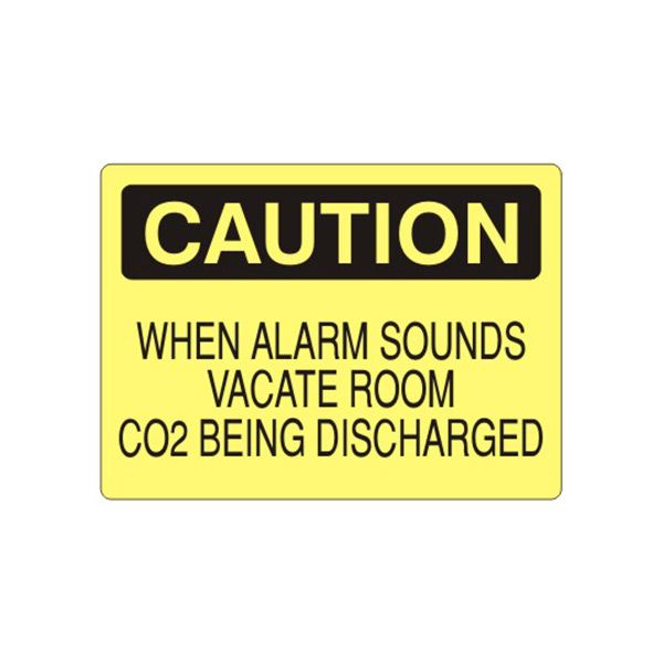 Caution: When Alarm Sounds Vacate Room Co2 Being Discharged sign, Plastic (.040), 14X20