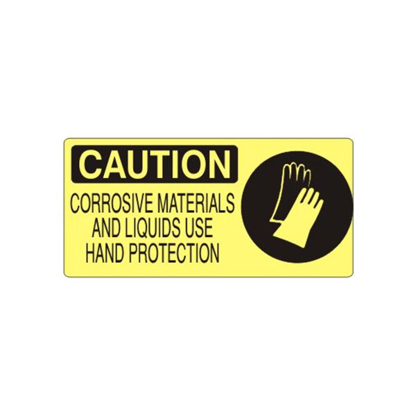 Caution: Corrosive Materials And Liquids Use Hand Protection With Glove Picto sign, Plastic (.040), 7X17