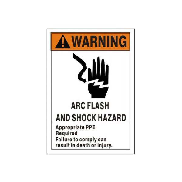 Warning:  Picto Arc Flash And Shock Hazard Appropriate PPE Required sign, Adhesive Vinyl, 7X10