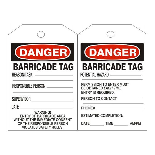 Danger Barricade Tags, Rigid Vinyl, 6.125X3